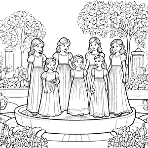 Elegante Hochzeitskleider im blühenden Garten Ausmalbild für träumerische Künstler