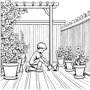 Bunter Blumenkübel mit fröhlichem Kinder gießen Ausmalmotiv für kleine Gartenfreunde