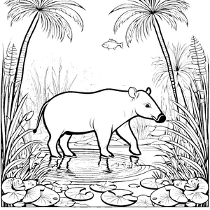 Tapir beim fröhlichen Wasser-Spaziergang Ausmalmotiv für kleine Entdecker der Wildnis