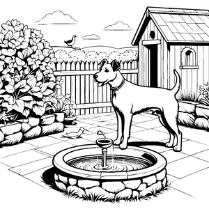 Hundefreundlicher Trinkbrunnen im Garten Ausmalbild für neugierige Tierliebhaber