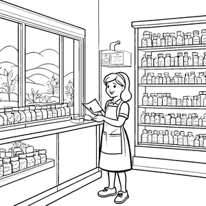 Apotheke mit freundlicher Arzneimittelauswahl Malvorlage für neugierige Entdecker