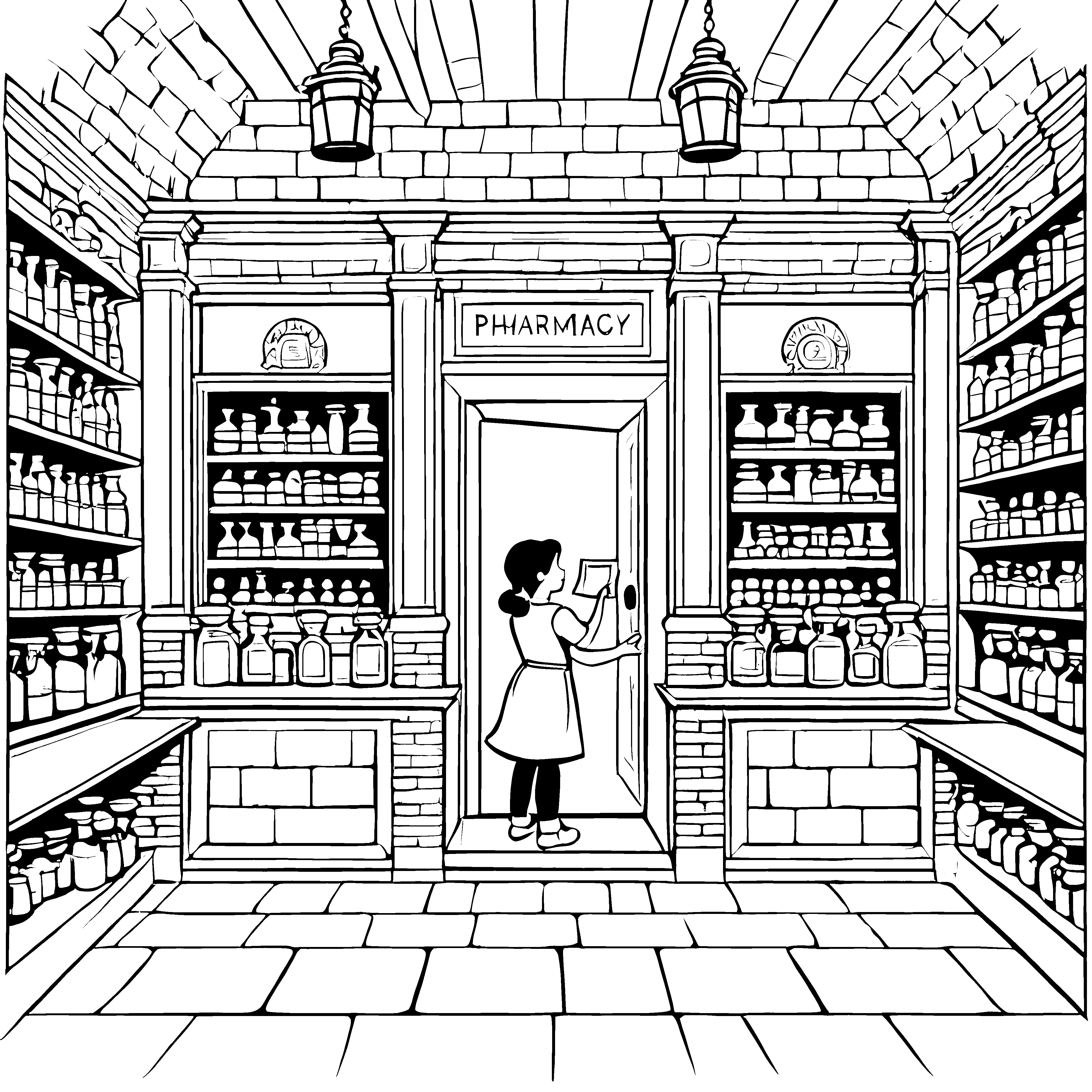 Heilsame Kräuter und Fläschchen in der alten Apotheke Ausmalbild für neugierige Entdecker