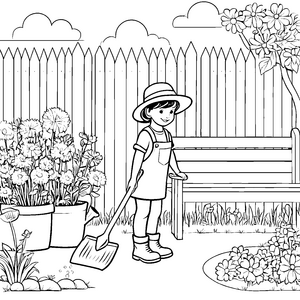 Fröhliche Gärtnerin beim Blumenzupfen Ausmalvorlage für kleine Naturliebhaber