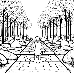 Besinnlicher Weg durch einen Friedhof Ausmalbild für nachdenkliche Entdecker