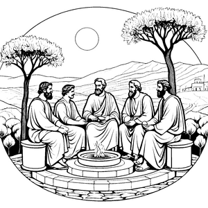 Philosophische Runde am Lagerfeuer Ausmalvorlage für kluge Köpfe