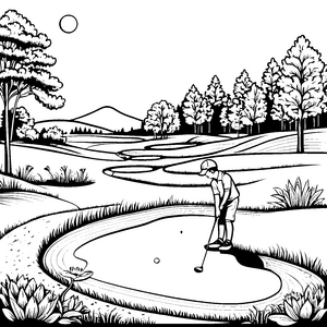 Golfspieler am sonnigen Teich Malvorlage für sportliche Entdecker