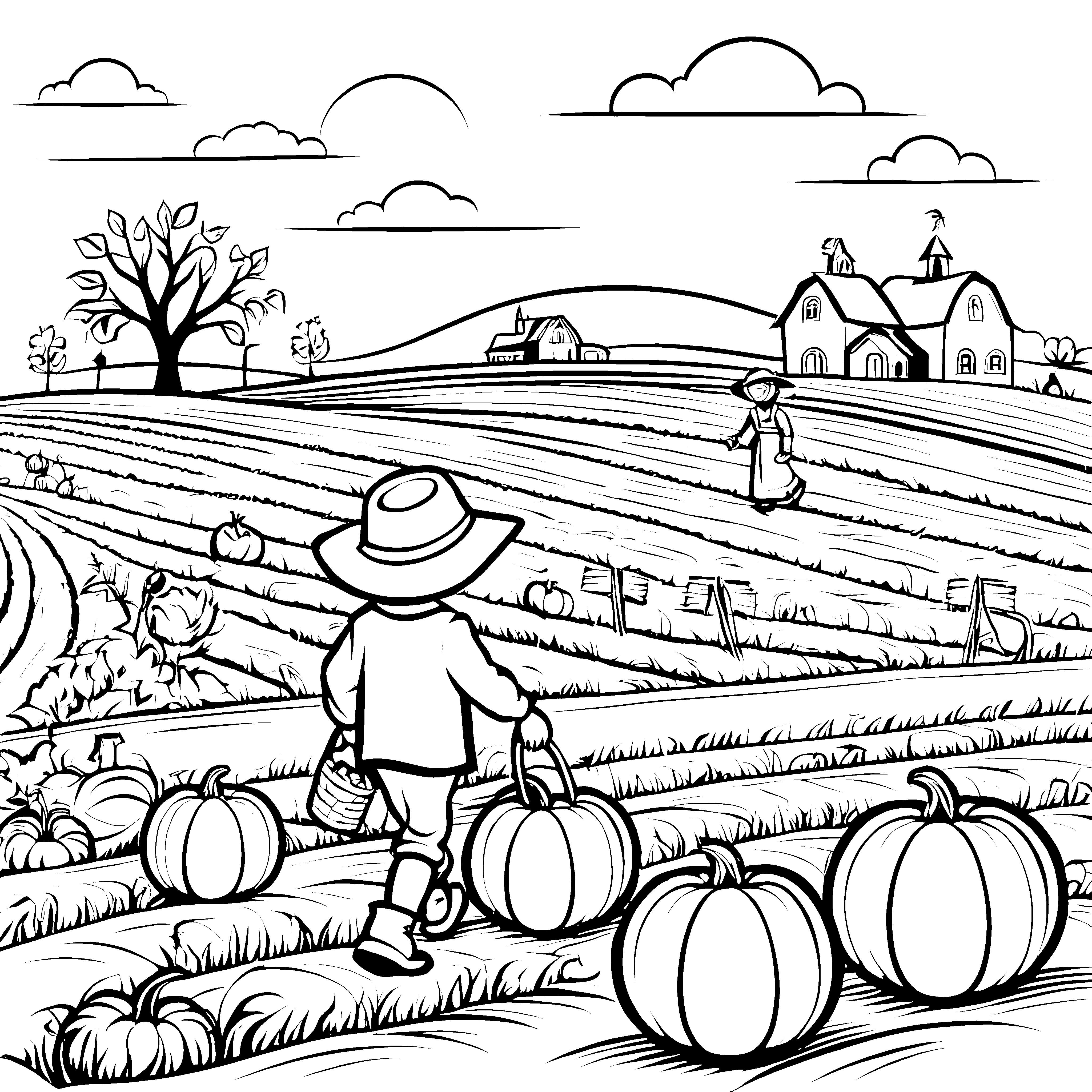 Bunte Kürbisernte im zauberhaften Herbstfeld Ausmalvorlage für kreative Bauernmädchen und -jungen