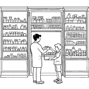 Apotheke mit fröhlichem Apotheker und neugierigem Kind Ausmalmotiv für wissbegierige Entdecker
