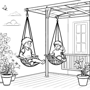 Schauende Kinder in schaukelnden Hängesesseln Ausmalvorlage für neugierige Entdecker