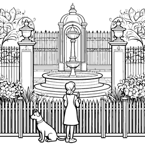 Zauberhafter Gartenzaun mit sprudelndem Brunnen Ausmalbild für fantasievolle Landschaftsfreunde