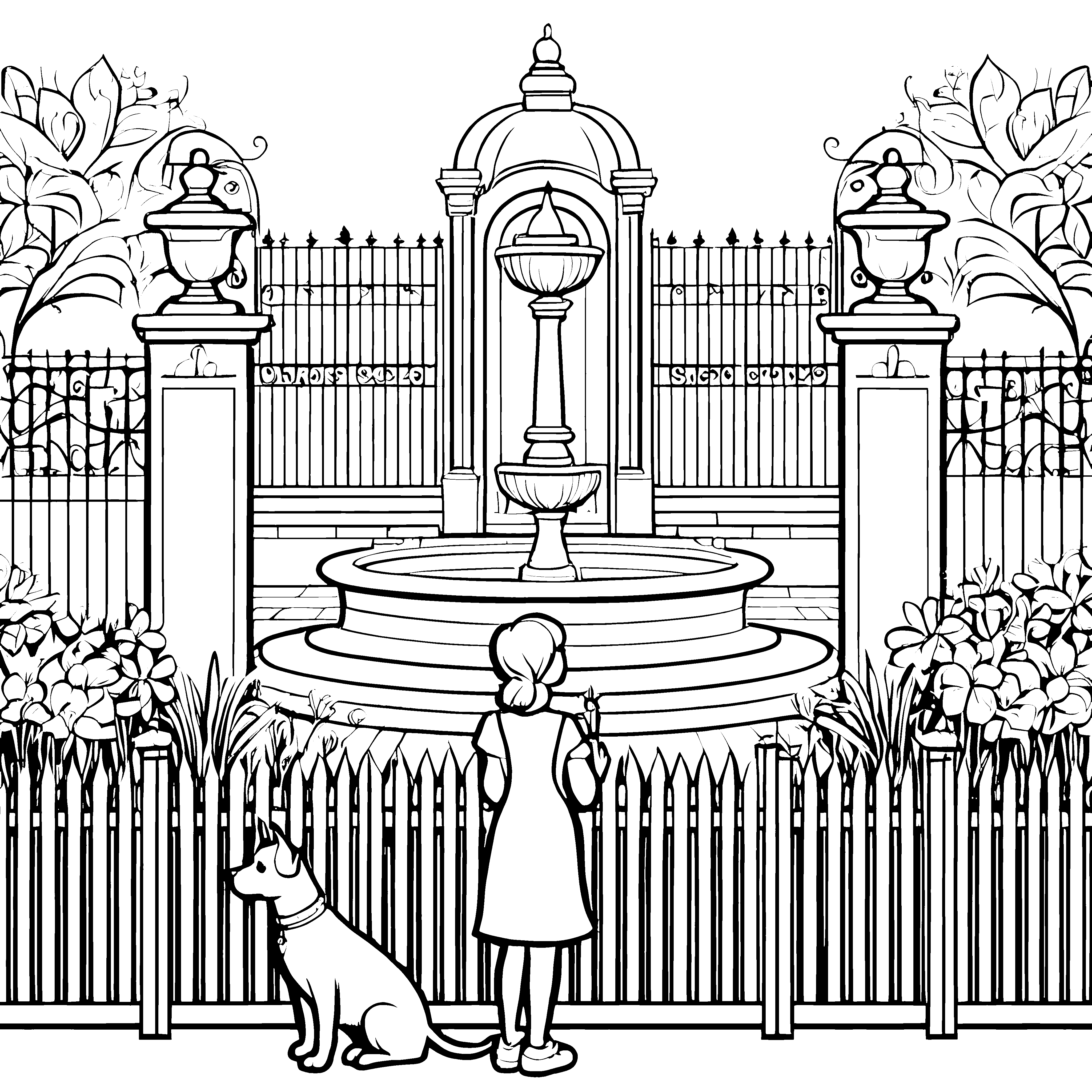 Zauberhafter Gartenzaun mit sprudelndem Brunnen Ausmalbild für fantasievolle Landschaftsfreunde