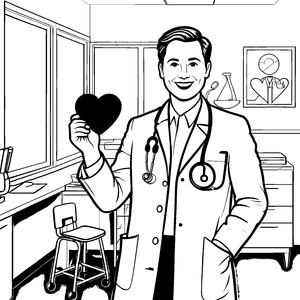 Lächelnder Arzt mit Herz in der Praxis Ausmalvorlage für neugierige Gesundheitsentdecker