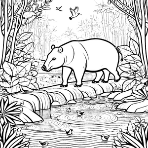 Tapir bei plätscherndem Wasserfall Ausmalvorlage für abenteuerliche Naturforscher