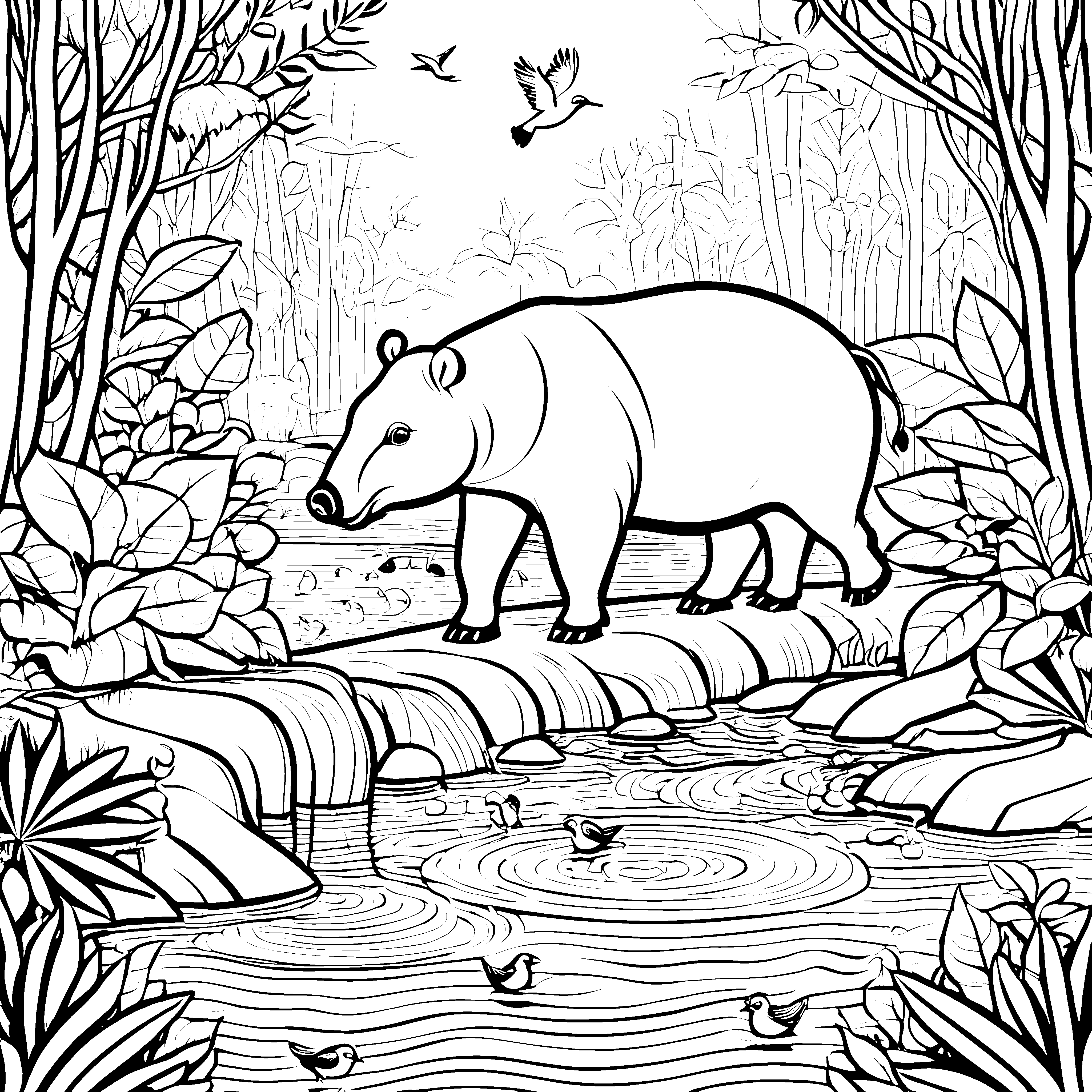 Tapir bei plätscherndem Wasserfall Ausmalvorlage für abenteuerliche Naturforscher