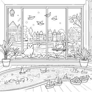 Gemütliche Britisch Kurzhaar Katze am Fenster Ausmalvorlage für neugierige Tierliebhaber