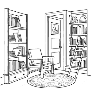 Bunt dekorierte Bücherschränke im gemütlichen Leseraum Ausmalbild für fantasievolle Leseratten