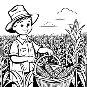 Fröhlicher Junge beim Ernten von Mais Ausmalvorlage für kleine Landwirte