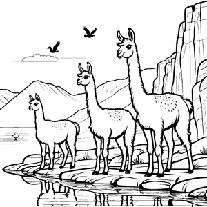 Lamas erkunden die bezaubernde Berglandschaft Ausmalvorlage für kleine Naturfreunde