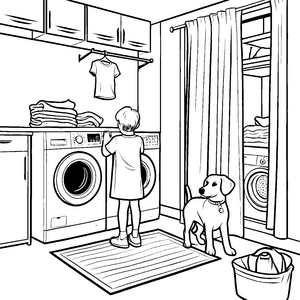 Verspielte Waschmaschine mit bunten Kleidungsstücken Ausmalbild für kleine Haushaltshelfer