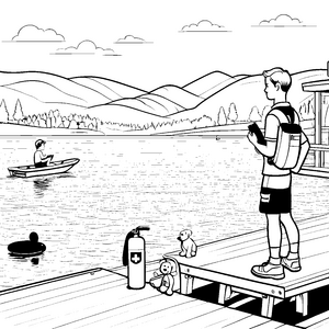 Wachsam Bademeister mit Freunden und Spielzeugboot Ausmalmotiv für kleine Wasserliebhaber