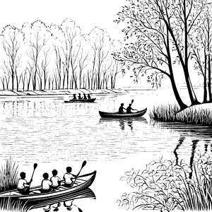 Spannende Ruderboote auf ruhigem Wasser Ausmalvorlage für abenteuerliche Wasserfreunde