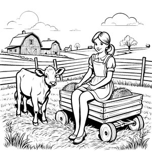 Fröhliches Kalb mit Mädchen auf Holzfahrzeug Ausmalbild für junge Tierfreunde