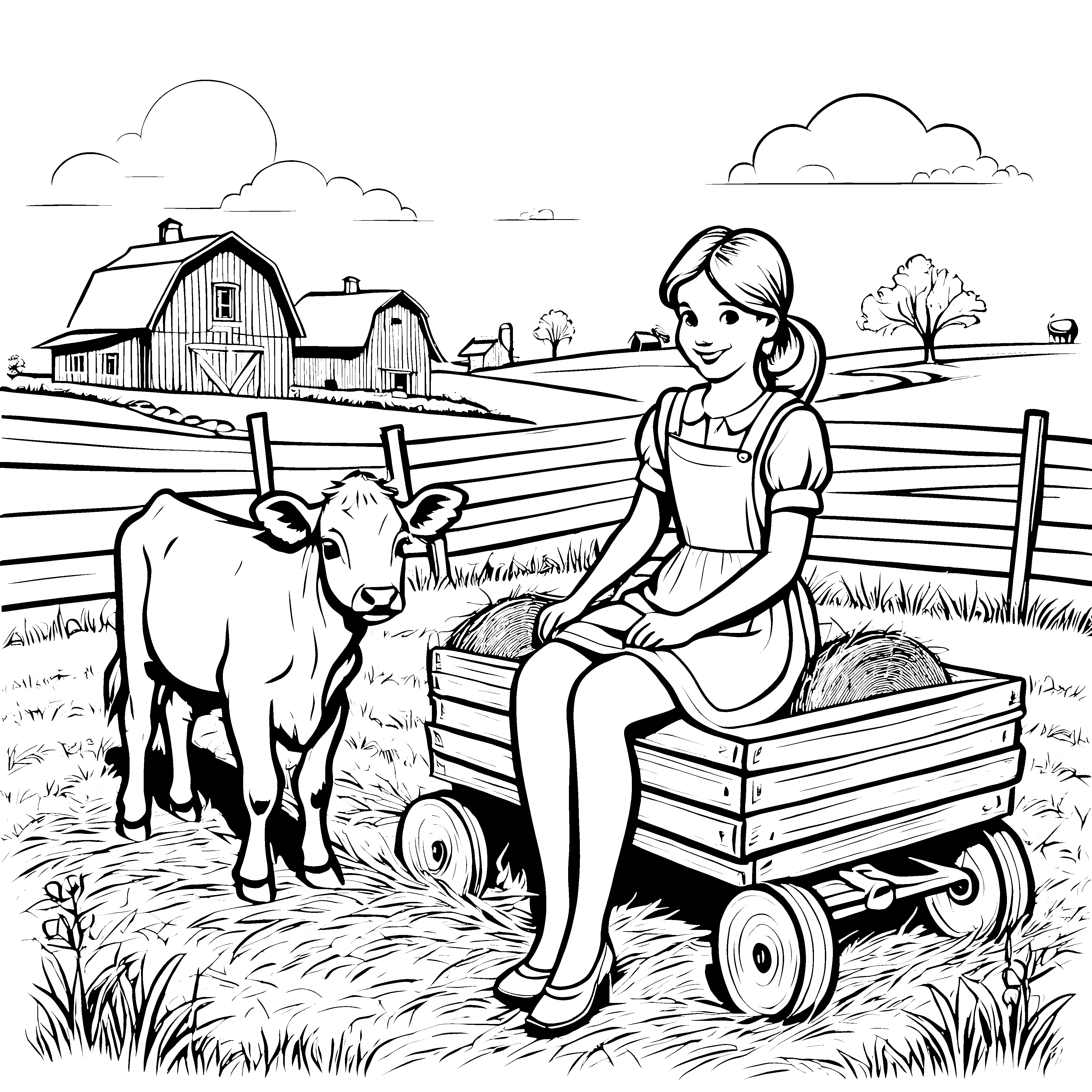 Fröhliches Kalb mit Mädchen auf Holzfahrzeug Ausmalbild für junge Tierfreunde