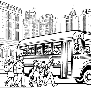 Fröhlicher Schulbus mit lachenden Kindern Ausmalbild für neugierige Entdecker