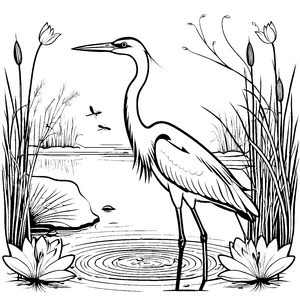 Eleganter Reiher im Wasser mit Blumen Malvorlage für kreative Naturliebhaber