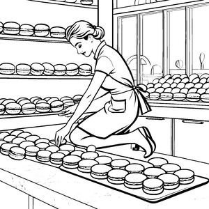 Kreative Konditorin bei der Macarons-Arrangements Ausmalbild für kleine Meisterbäcker