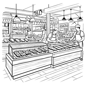 Kreativer Fleischereifachverkäufer beim Fleisch schneiden Ausmalmotivs für junge Gourmet-Künstler