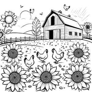 Fröhliche Hühner unter strahlenden Sonnenblumen Malvorlage für kleine Gartenforscher