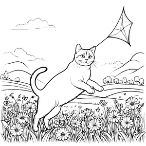 Gesellige Britisch Kurzhaar Katze beim Spielen im bunten Blumenfeld Malvorlage für neugierige Entdecker