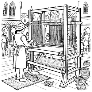 Faszinierendes Weber-Handwerk im historischen Markttreiben Ausmalvorlage für kreative Entdecker