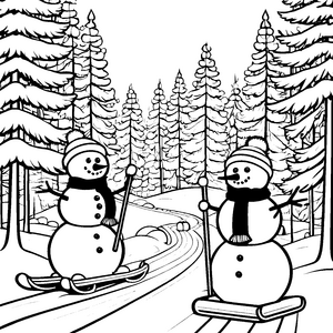 Schneemänner auf fröhlicher Rodelpiste Ausmalbild für abenteuerliche Winterfreunde