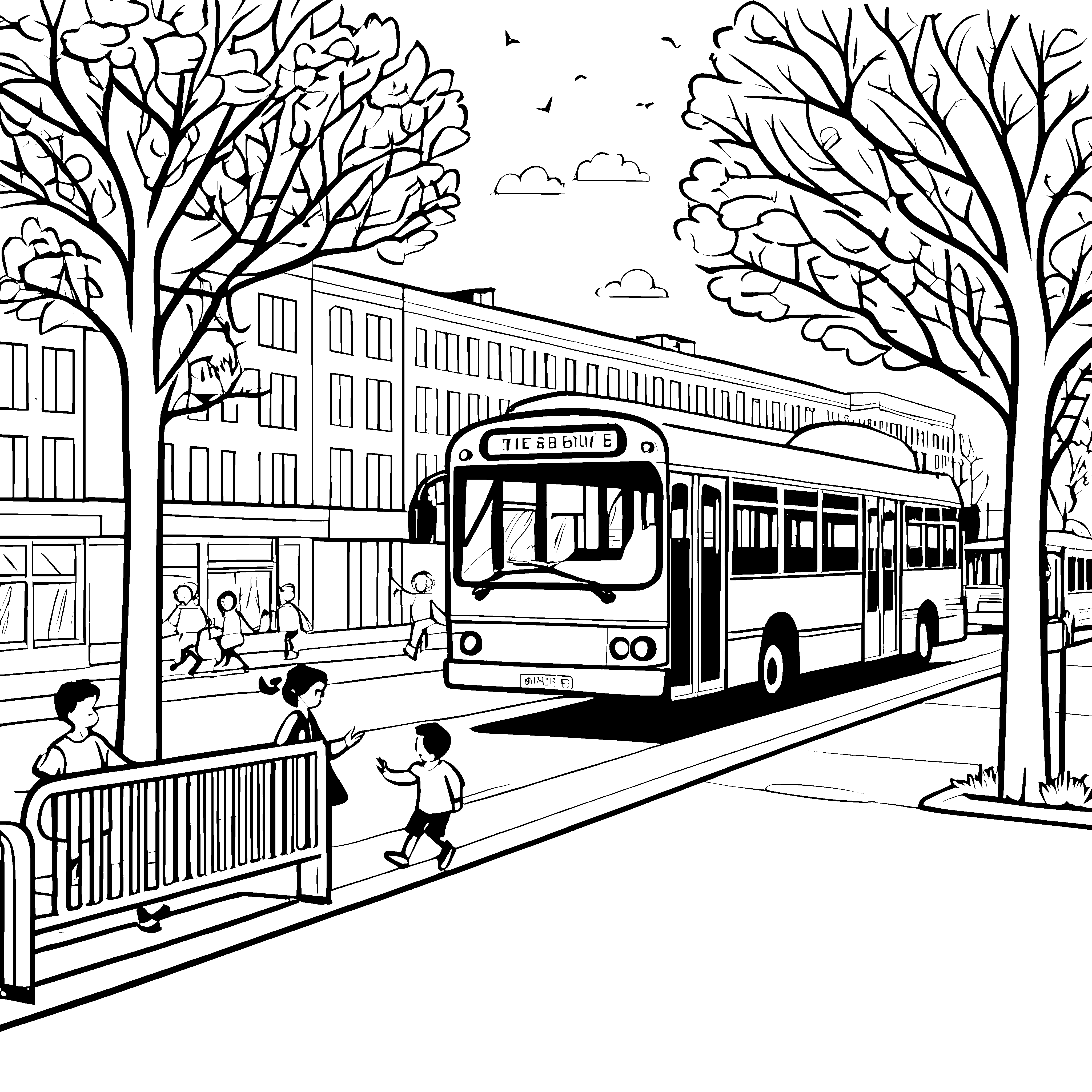 Spaßiger Stadtbus fährt durch bunte Straßenaußenwelt Ausmalvorlage für neugierige Kindergartenkinder