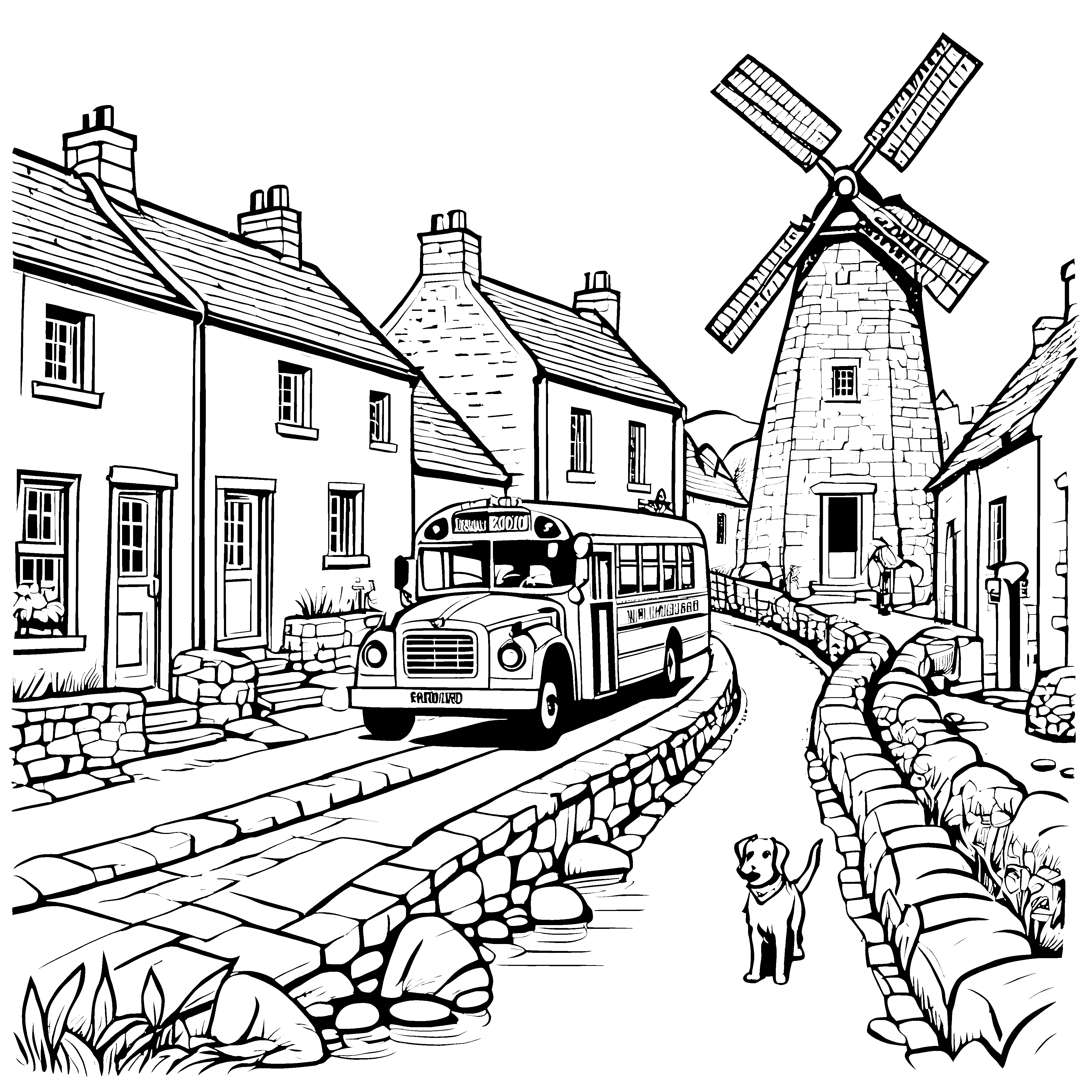 Heiterer Busfahrtweg mit freundlicher Windmühle Ausmalbild für neugierige Entdecker