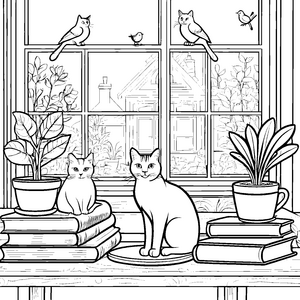 Neugierige Katzen beobachten die Vögel am Fenster Ausmalvorlage für kleine Naturfans