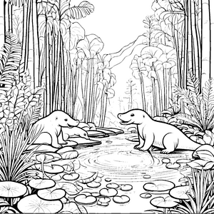 Süße Schnabeltierfamilie am Wasser Ausmalbild für kleine Naturabenteurer