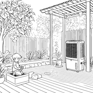 Erfrischendes Klimagerät auf entspannter Terrasse Ausmalbild für kleine Gartenfreunde