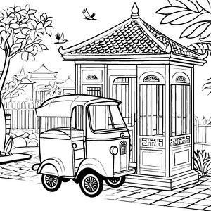 Bunt dekoriertes Tuk-Tuk vor asiatischem Pavillon Ausmalbild für abenteuerlustige Entdecker