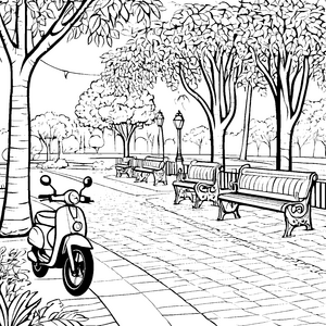 Bezauberndes Moped in malerischer Parklandschaft Ausmalbild für kreative Entdecker