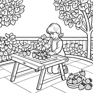 Erdbeerernte mit neugierigem Kind Malvorlage für kleine Gartenabenteurer