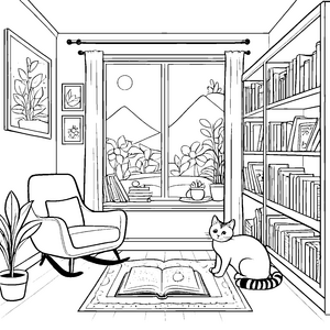 Gemütlicher Lesesessel neben buntem Bücherschrank Ausmalbild für kreative Bücherwürmer