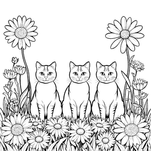 Drei neugierige Bauernhofkatzen zwischen bunten Blumen Ausmalmotiv für kreative Naturfreunde