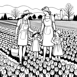Familienausflug im bunten Tulpenfeld Malvorlage für kleine Erntefreunde