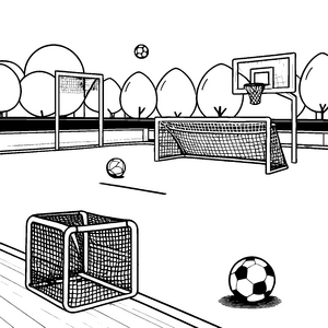 Fantasievolle Bälle auf dem Sportplatz Ausmalmotiv für junge Spielestars