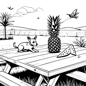 Fröhliche Ananas auf dem Picknicktisch Ausmalbild für kleine Genussfreunde