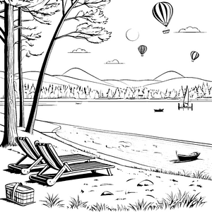 Entspannte Strandliegen unter bunten Heißluftballons Malvorlage für fröhliche Sonnenanbeter