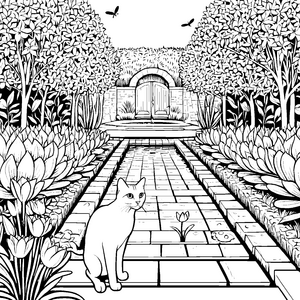 Gemütliche Britisch Kurzhaar Katze im blühenden Garten Ausmalbild für neugierige Entdecker